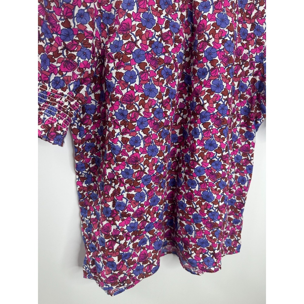 J.Crew Smocked 100% Linen Puff-Sleeve Top in Berry Floral High Neck Blouse XS - Picture 5 of 12